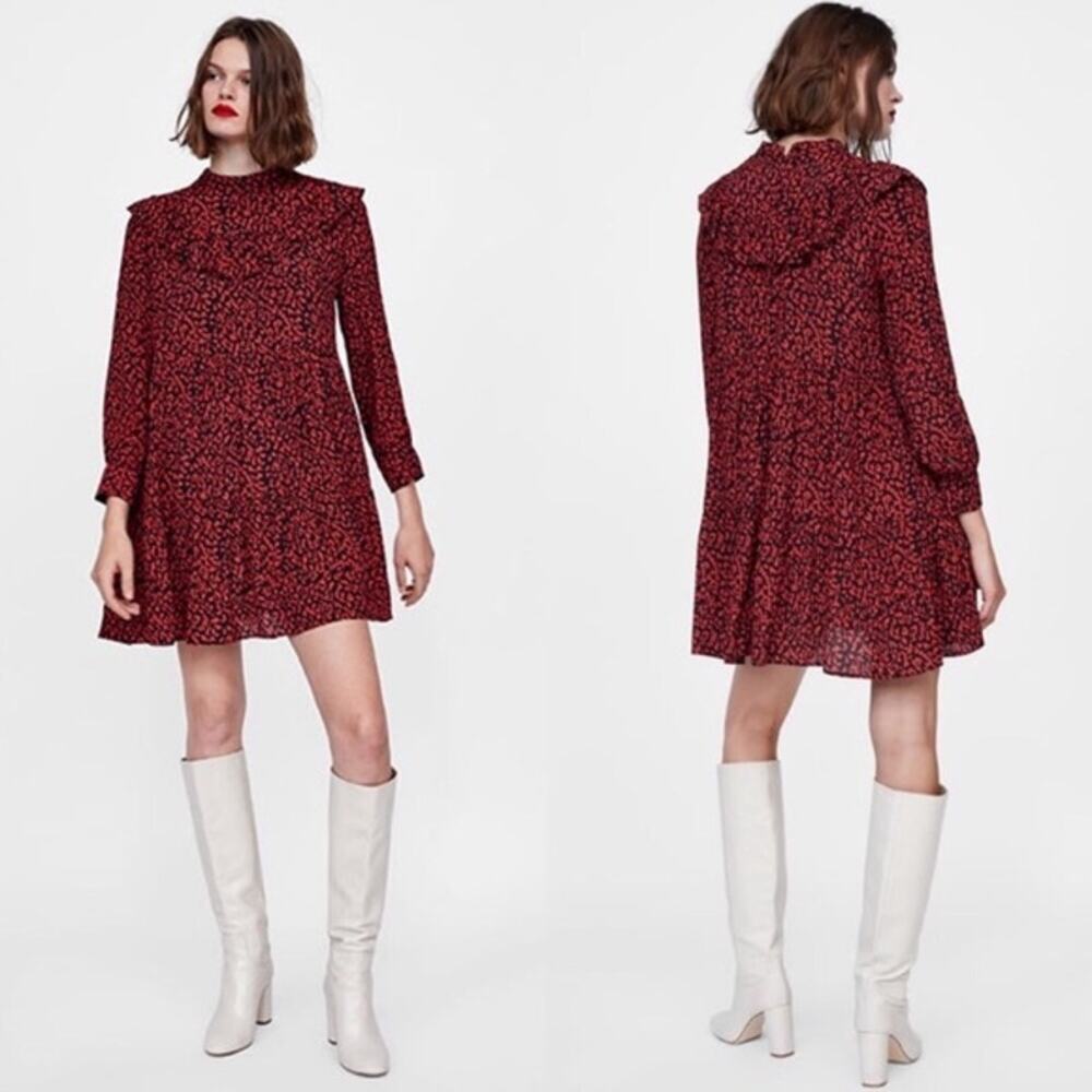 ZARA Ruffled Animal Print Dress Red Black Ruffle Womens Medium Mini Blogger Fav